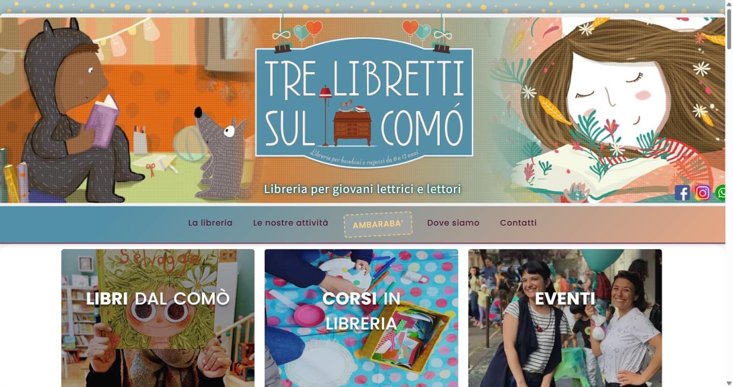 Homepage del sito di Tre Libretti sul Comò, libreria per bambini a Roma