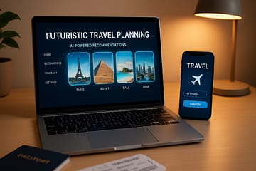 Strumenti AI per pianificare vacanze intelligenti - Interface futuristico di pianificazione viaggi