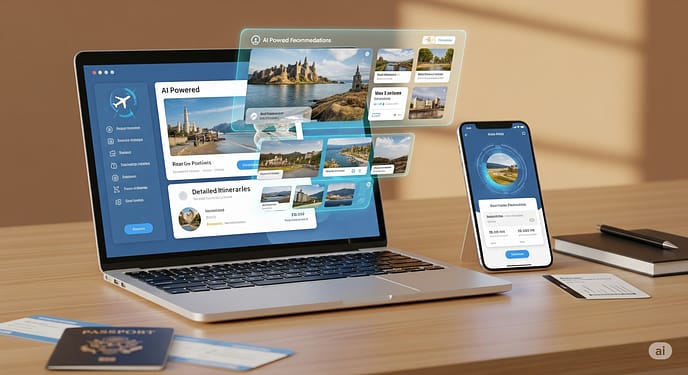 Strumenti AI per pianificare vacanze intelligenti - Interface futuristico di pianificazione viaggi