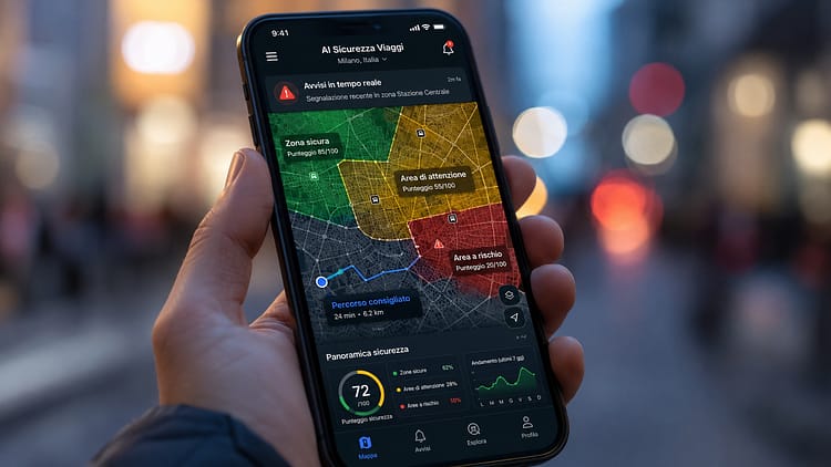 Smartphone con app di sicurezza, mappa quartieri color-coded, dark mode UI
