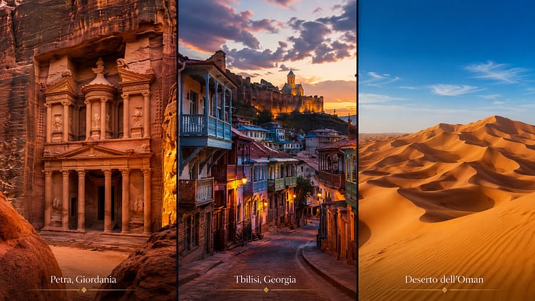Trittico fotografico: Petra al tramonto / Tbilisi al crepuscolo / dune dell'Oman